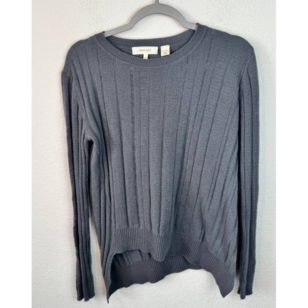 Inhabit 100% Cashmere Gray Rib Knit Sweater Sz XS Asymmetrical Crew Neck Luxury